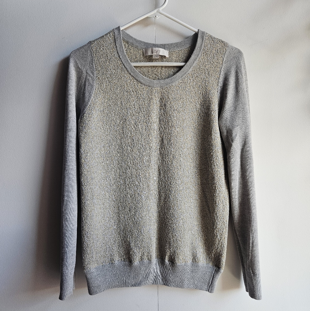 LOFT Gray & Gold Metalic Holiday Crew-Neck Sweater in S